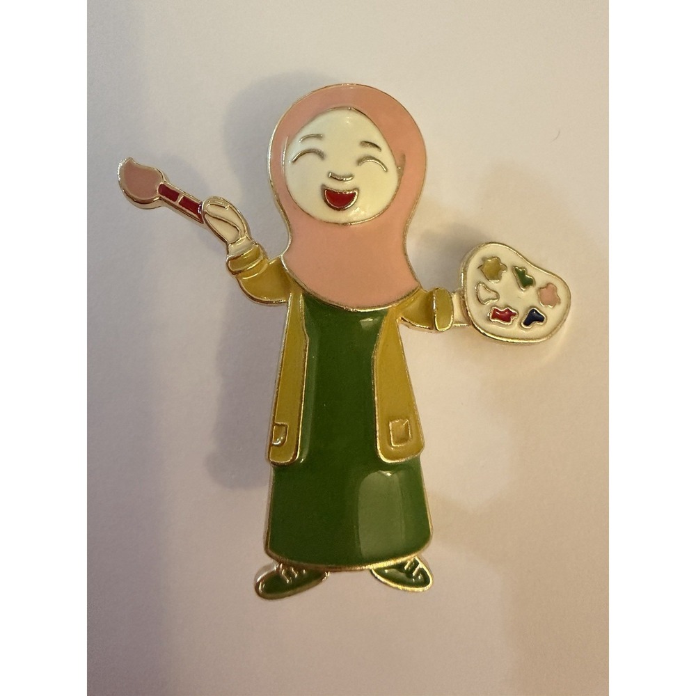 Collectible Enamel Lapel Pin Cheerful Muslim Woman Artist Paintbrush Palette